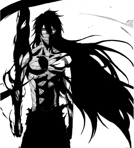 Anime-Bild 1254x1390 mit bleach studio pierrot kurosaki ichigo single long hair tall image looking at viewer fringe white background monochrome spoilers boy weapon bandage (bandages)