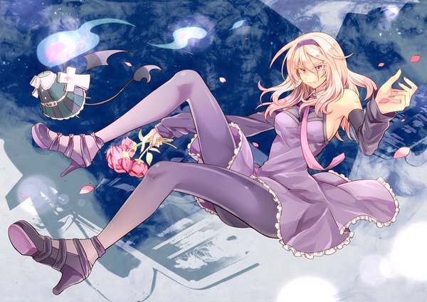 Anime picture 2000x1414 with utau gahata mage toudou charo single long hair looking at viewer highres smile bare shoulders pink hair nail polish pink eyes fingernails armpit (armpits) high heels dress flower (flowers) detached sleeves petals pantyhose