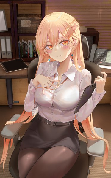 Anime picture 2800x4500 with girls frontline ots-14 (girls frontline) ru zhai single long hair tall image looking at viewer blush fringe highres breasts blonde hair smile hair between eyes large breasts sitting holding yellow eyes indoors braid (braids)