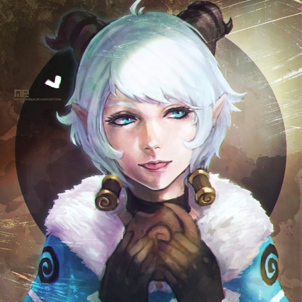 Anime picture 2477x2477 with league of legends poro (league of legends) monori rogue single fringe highres short hair blue eyes looking away white hair horn (horns) pointy ears fur trim eyebrows girl food tongue fur fur collar winter clothes