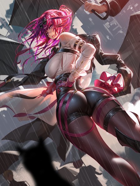 Anime picture 3000x4000 with honkai: star rail honkai (series) kafka (honkai: star rail) liang xing long hair tall image looking at viewer fringe highres breasts light erotic large breasts standing purple eyes holding purple hair outdoors ass long sleeves parted lips