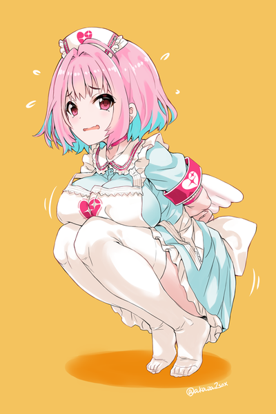 Anime picture 800x1200 with idolmaster idolmaster cinderella girls yumemi riamu akaza single tall image looking at viewer short hair breasts open mouth light erotic simple background pink hair full body pink eyes multicolored hair two-tone hair no shoes hands behind back squat