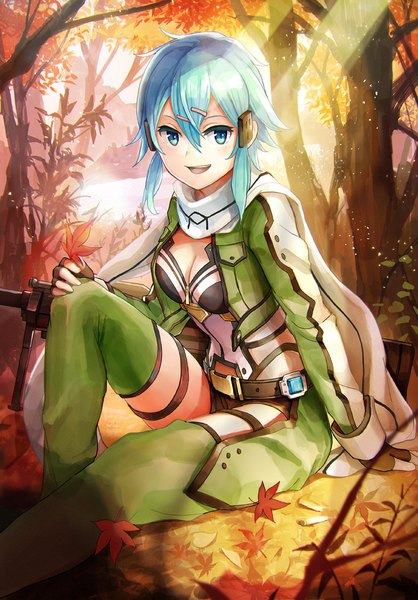 Anime picture 697x1000 with sword art online a-1 pictures asada shino nisimy single tall image looking at viewer fringe short hair breasts open mouth hair between eyes sitting payot bent knee (knees) aqua eyes sunlight aqua hair sunbeam autumn