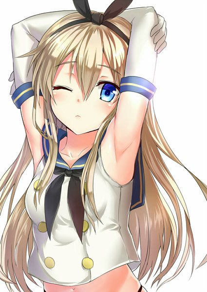 Anime picture 708x1000 with kantai collection shimakaze destroyer arudehido long hair tall image looking at viewer blue eyes simple background blonde hair white background one eye closed wink armpit (armpits) zettai ryouiki stretch girl thighhighs gloves hair ornament ribbon (ribbons)