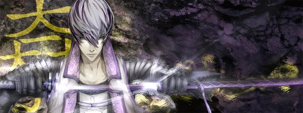 Anime picture 1600x598 with sengoku basara production i.g mitsunari ishida ying (artist) single short hair blue eyes wide image purple hair boy gloves sword