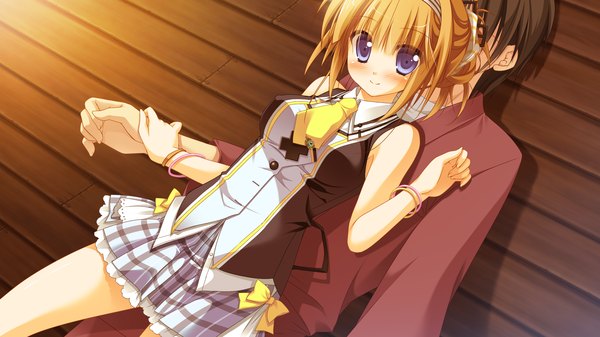 Anime picture 2560x1440 with 1/2 summer utashiro kanami sesena yau blush highres blonde hair wide image game cg girl skirt miniskirt necktie bracelet hairband