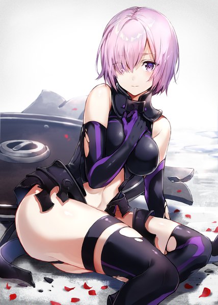 Anime picture 1000x1403 with fate (series) fate/grand order mash kyrielight arisaka ako single tall image looking at viewer blush fringe short hair breasts light erotic large breasts purple eyes bare shoulders payot purple hair light smile hair over one eye torn clothes
