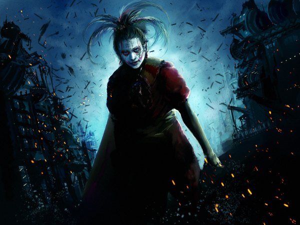 Anime picture 1600x1200 with final fantasy final fantasy vi square enix the dark knight the joker cefca palazzo xilla single highres outdoors realistic night wallpaper makeup parody clown glasgow smile sparks