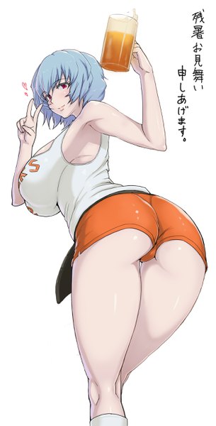 Anime picture 1280x2517 with neon genesis evangelion gainax hooters ayanami rei ao madoushi single tall image looking at viewer short hair breasts light erotic simple background smile red eyes standing white background bare shoulders blue hair ass leaning