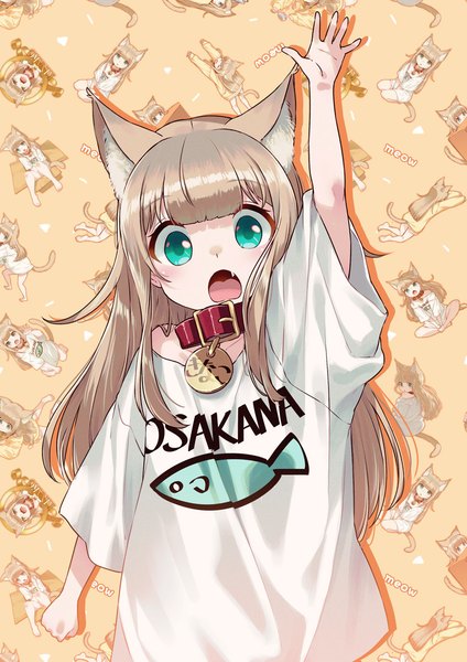 Anime picture 1000x1414 with original kinako (iyapan) 40hara single long hair tall image looking at viewer blush fringe open mouth simple background blonde hair standing animal ears blunt bangs arm up aqua eyes cat ears off shoulder wide sleeves