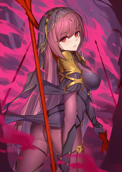 Anime picture 992x1403 with fate (series) fate/grand order scathach (fate) (all) scathach (fate) langya beike single long hair tall image looking at viewer blush fringe breasts light erotic hair between eyes red eyes large breasts standing holding purple hair ass