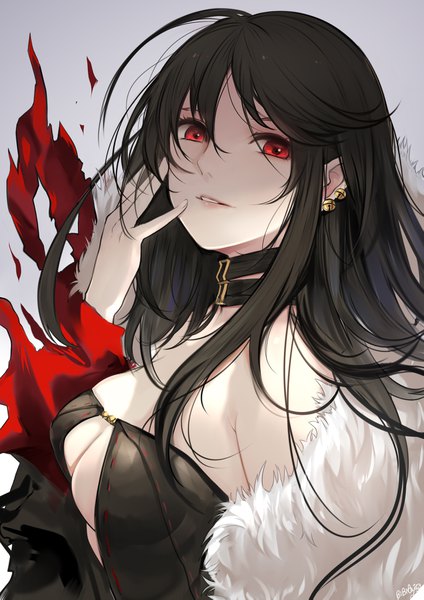 Anime picture 2894x4093 with fate (series) fate/grand order yu mei-ren (fate) bba1985 single long hair tall image looking at viewer fringe highres breasts light erotic black hair simple background hair between eyes red eyes large breasts standing payot cleavage