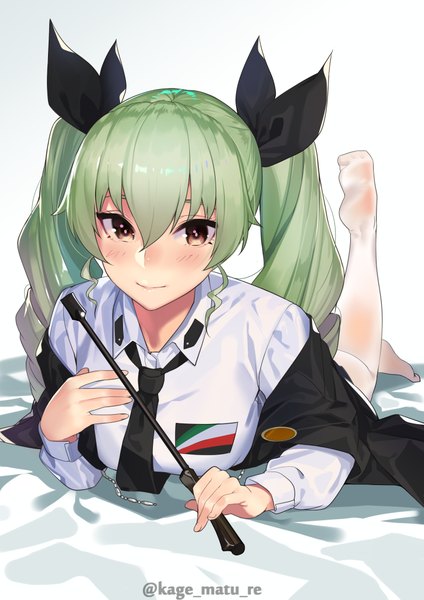 Anime picture 1447x2046 with girls und panzer anchovy (girls und panzer) kagematsuri single long hair tall image looking at viewer blush fringe simple background smile hair between eyes white background twintails brown eyes signed payot lying long sleeves green hair