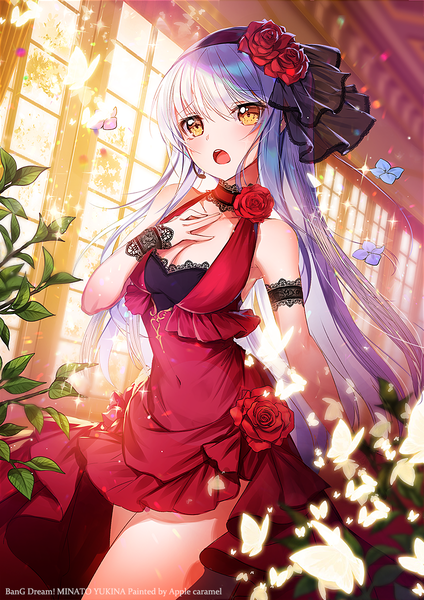 Anime picture 848x1200 with bang dream! minato yukina apple caramel single long hair tall image looking at viewer blush fringe open mouth hair between eyes standing bare shoulders signed yellow eyes cleavage silver hair indoors sunlight bare legs