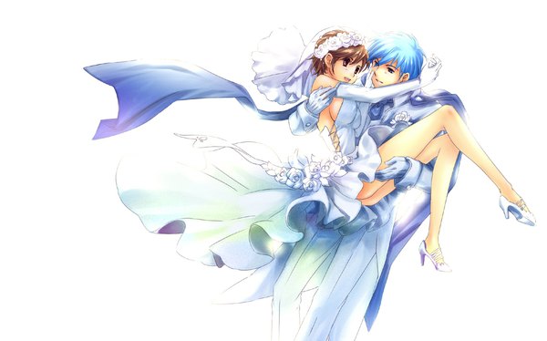 Anime picture 1109x693 with vocaloid kaito (vocaloid) meiko kawagoe pochi breasts blue eyes light erotic smile brown hair wide image brown eyes blue hair midriff high heels couple sideboob carrying girl dress gloves