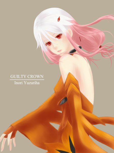 Anime picture 1200x1600 with guilty crown production i.g yuzuriha inori cain0918 single long hair tall image looking at viewer simple background red eyes sitting bare shoulders pink hair copyright name character names turning head girl gloves hair ornament detached sleeves