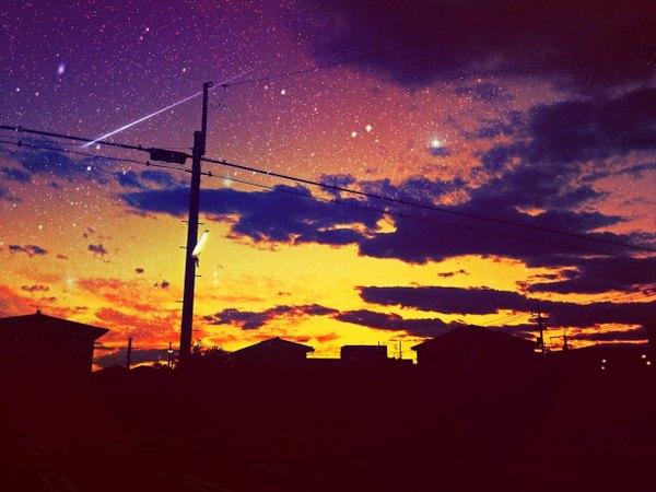 Anime picture 1224x918 with original usamochi. sky cloud (clouds) evening sunset no people landscape shooting star plant (plants) tree (trees) star (stars) house pole telephone pole