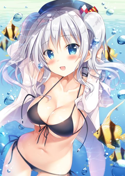 Anime picture 900x1268 with kantai collection kashima training cruiser sousouman single long hair tall image looking at viewer blush fringe breasts open mouth blue eyes light erotic hair between eyes large breasts twintails payot silver hair from above open clothes