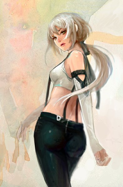 Anime picture 550x835 with original phonic single long hair tall image fringe blue eyes standing bare shoulders ass white hair ponytail looking back girl detached sleeves suspenders