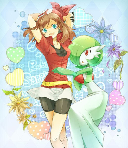 Anime picture 1000x1160 with pokemon pokemon rse nintendo may (pokemon) gardevoir nago celica tall image looking at viewer short hair open mouth red eyes brown hair arms behind head gen 3 pokemon girl flower (flowers) animal heart bandana leggings