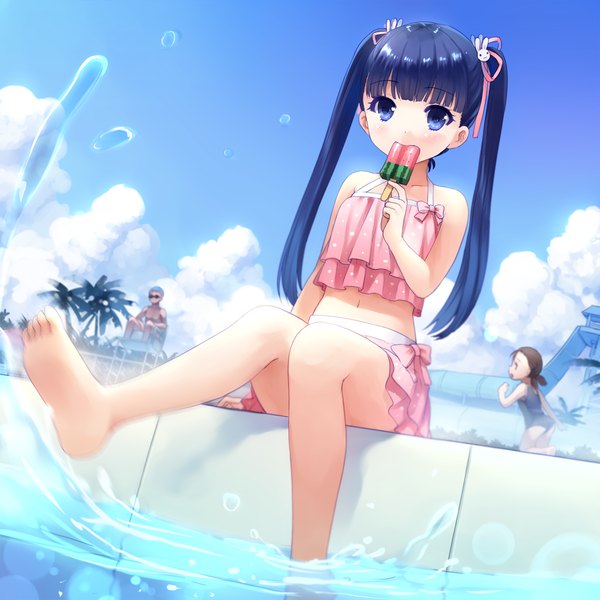 Anime picture 1200x1200 with original hakoniwa shoujo long hair blush blue eyes black hair sitting twintails legs girl ribbon (ribbons) swimsuit hair ribbon water food sweets ice cream pool popsicle watermelon bar