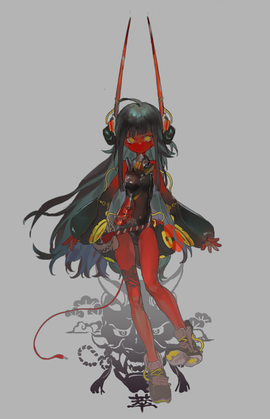 Anime picture 2000x3100 with original cui (jidanhaidaitang) single long hair tall image looking at viewer fringe highres light erotic black hair simple background yellow eyes payot full body ahoge blunt bangs grey background red skin girl detached sleeves