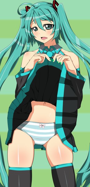 Anime picture 1574x3267 with vocaloid hatsune miku j (shining-next) tall image open mouth light erotic twintails bare shoulders very long hair aqua eyes aqua hair skirt lift girl thighhighs navel hair ornament underwear panties black thighhighs detached sleeves