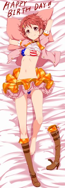 Anime picture 863x2487 with clearite single tall image blush short hair light erotic smile purple eyes red hair dakimakura (medium) happy birthday girl navel swimsuit bikini boots pillow