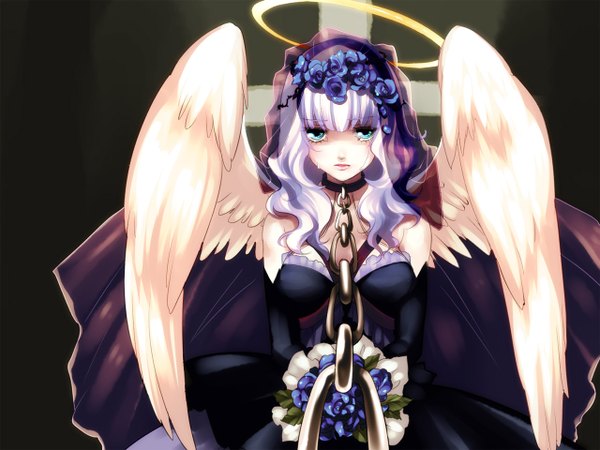 Anime picture 1280x960 with original blue eyes purple hair tears dress flower (flowers) wings chain halo collar narumi (blue monday)
