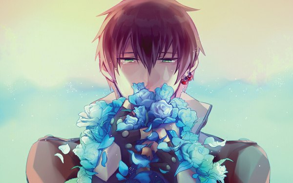 Anime picture 1015x637 with dramatical murder nitro+chiral mizuki (dramatical murder) tagme (artist) single short hair brown hair green eyes tears piercing sad flower (flowers) earrings petals rose (roses)