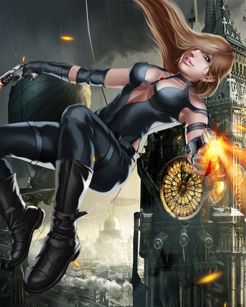 Anime picture 1000x1247 with dons of desperado (game) vain (dons of desperado) lldarkart single long hair tall image fringe breasts brown hair cleavage pink eyes hair over one eye shot girl weapon boots gun pistol tower