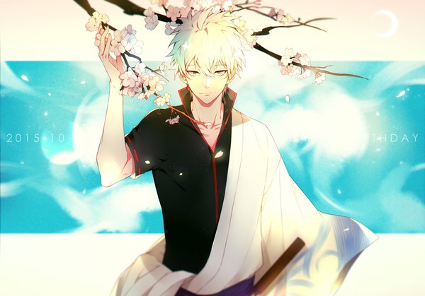Anime picture 1200x838 with gintama sunrise (studio) sakata gintoki zxs1103 single looking at viewer fringe short hair hair between eyes red eyes upper body white hair cherry blossoms dated outside border happy birthday boy flower (flowers) branch
