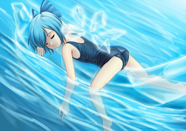 Anime picture 1080x764 with touhou cirno raybar (artist) short hair light erotic blue hair eyes closed girl swimsuit wings water