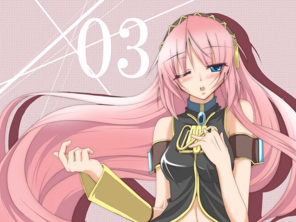 Anime picture 1280x960 with vocaloid megurine luka long hair looking at viewer blush open mouth blue eyes bare shoulders pink hair one eye closed wink wallpaper pink background girl