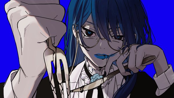 Anime picture 2418x1360 with cloud nine inc ado (utaite) chando (ado) riseno single long hair looking at viewer highres simple background wide image blue hair upper body black eyes mole mole under eye lipstick blue background blue lipstick girl glasses