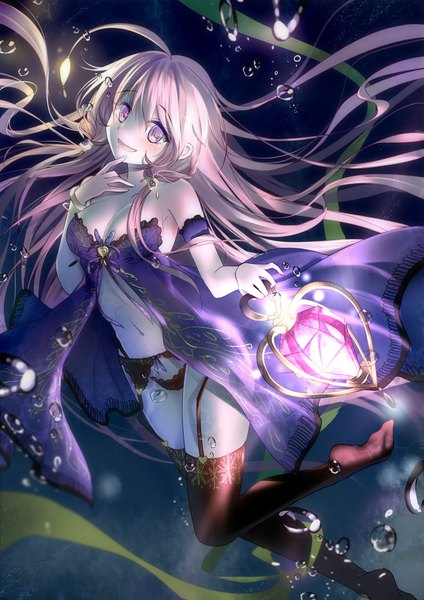 Anime picture 800x1131 with original bison cangshu single long hair tall image blush open mouth light erotic purple eyes pink hair underwater girl thighhighs underwear panties black thighhighs bubble (bubbles) crystal