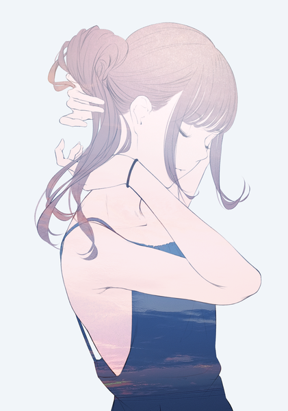 イラスト 1000x1426 と オリジナル 爽々 ソロ 長髪 長身像 前髪 simple background 茶色の髪 payot upper body blunt bangs eyes closed no bra adjusting hair double exposure sky print 女の子 ドレス サラファン