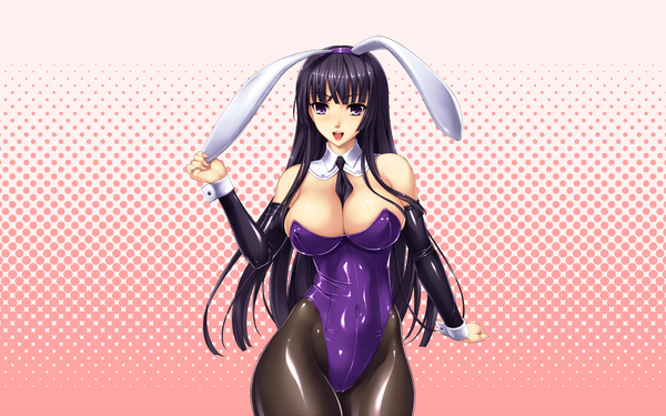 Anime picture 1680x1050 with rindou (radical dream) single long hair breasts light erotic black hair simple background wide image large breasts purple eyes cleavage bunny ears polka dot polka dot background girl necktie bunnysuit