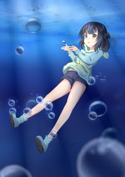 Anime picture 4133x5846 with nagi no asukara p.a. works shiodome miuna single tall image highres short hair black hair absurdres black eyes underwater girl shorts boots bubble (bubbles)