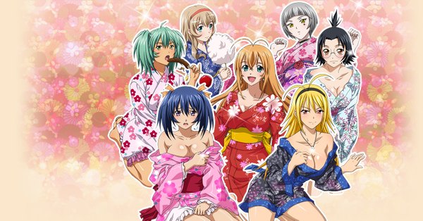 Anime picture 1465x769 with ikkitousen sonsaku hakufu ryofu housen ryuubi gentoku ukitsu (ikkitousen) long hair looking at viewer short hair breasts blue eyes light erotic black hair blonde hair smile red eyes brown hair wide image sitting twintails purple eyes