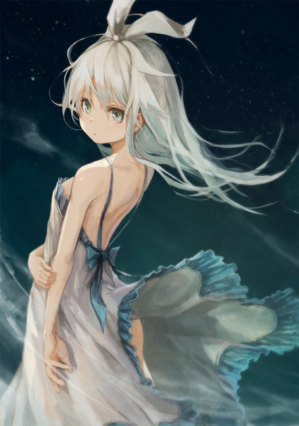 Anime picture 1200x1705 with original scyze single long hair tall image fringe light erotic hair between eyes standing looking away silver hair wind night night sky silver eyes wind lift girl dress bow hair bow