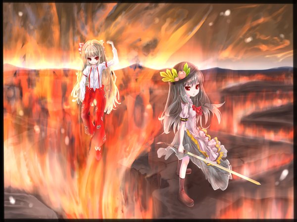 Anime picture 1800x1350 with touhou hinanawi tenshi fujiwara no mokou e.x.on long hair highres red eyes silver hair girl ribbon (ribbons) hair ribbon hat sword pants fire suspenders peach