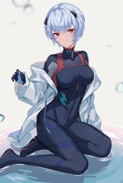 Anime picture 2495x3720 with neon genesis evangelion gainax ayanami rei ikomochi single tall image looking at viewer blush fringe highres short hair breasts hair between eyes red eyes sitting silver hair bent knee (knees) off shoulder open jacket partially submerged