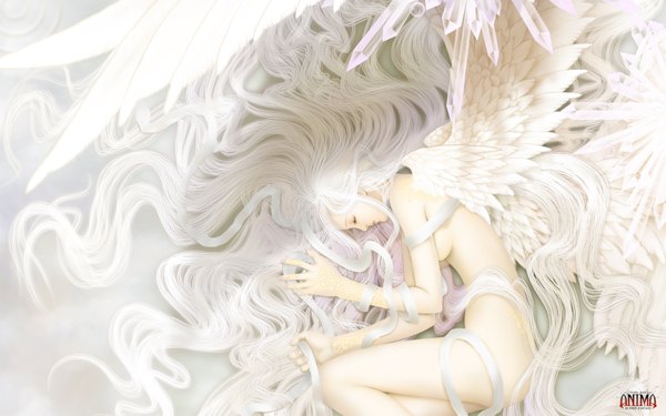 Anime picture 1680x1050 with anima wen-m single long hair light erotic wide image white hair eyes closed realistic inscription wallpaper angel wings angel girl ribbon (ribbons) wings