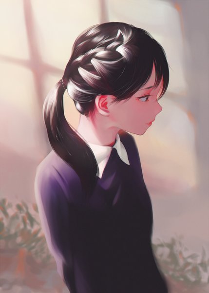 Anime picture 800x1119 with original litra (ltr0312) single long hair tall image fringe black hair standing brown eyes looking away long sleeves profile from above shaded face low ponytail girl sweater