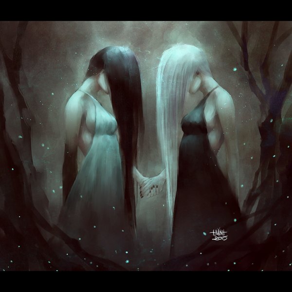 Anime-Bild 1250x1250 mit original nanfe long hair black hair bare shoulders multiple girls signed white hair nail polish realistic holding hands dated letterboxed covering face to face bare tree hair over eyes 2015 covering face girl