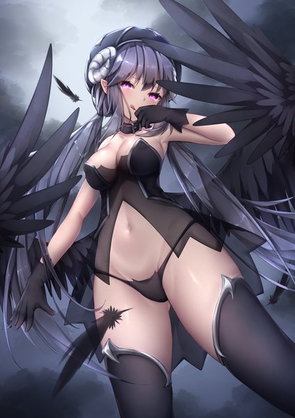Anime-Bild 1157x1637 mit original umou (may65879) single long hair tall image looking at viewer blush fringe breasts light erotic hair between eyes large breasts standing purple eyes twintails bare shoulders cleavage cloud (clouds) outdoors horn (horns)