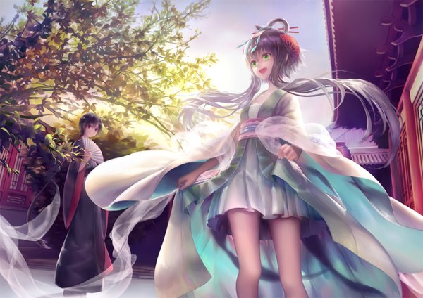 Anime picture 1488x1052 with vocaloid vocaloid china luo tianyi yuezheng ling mayoimayoi long hair open mouth black hair red eyes multiple girls green eyes traditional clothes chinese clothes girl hair ornament 2 girls plant (plants) tree (trees) fan shawl