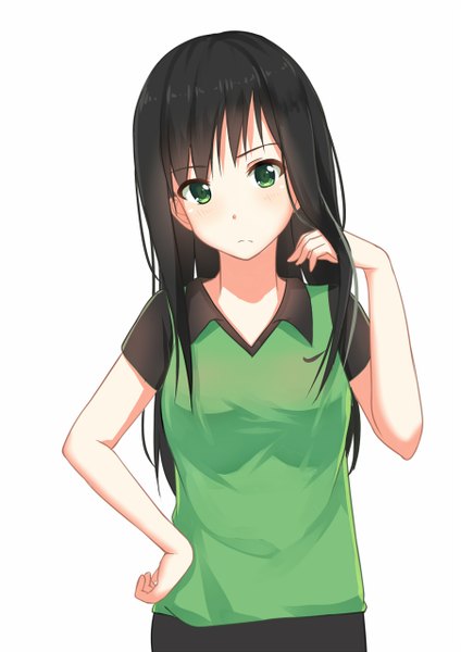 Anime picture 904x1280 with itachi kanade single long hair tall image looking at viewer blush fringe breasts black hair simple background white background green eyes hand on hip adjusting hair girl t-shirt