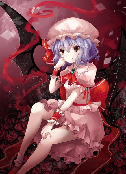Anime picture 1476x2031 with touhou remilia scarlet sumi mi single tall image short hair red eyes blue hair girl dress flower (flowers) rose (roses) wrist cuffs bonnet